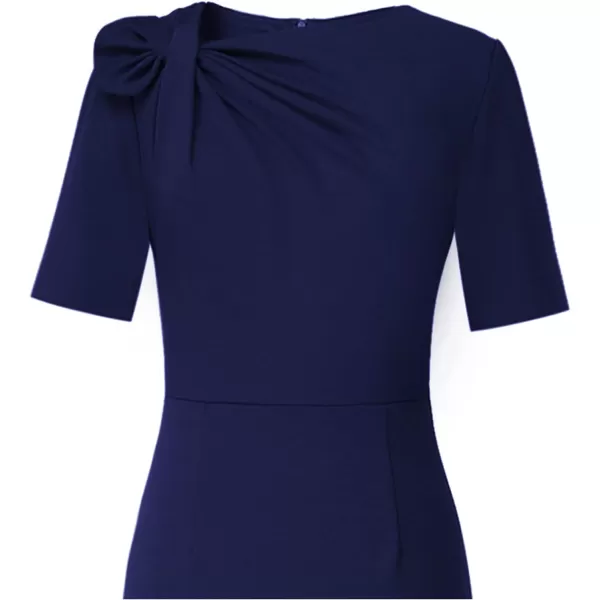 VFSHOW Womens Pleated Asymmetric Bow Neck Work Cocktail Party Sheath DressNavy Blueshort Sleeve