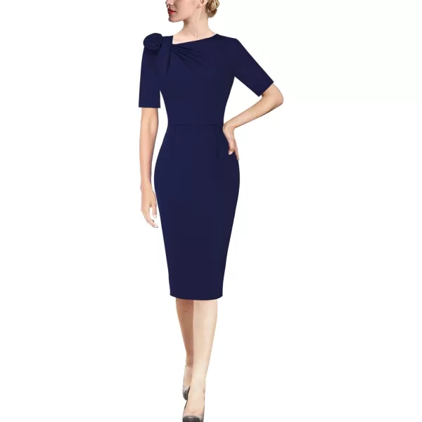 VFSHOW Womens Pleated Asymmetric Bow Neck Work Cocktail Party Sheath DressNavy Blueshort Sleeve