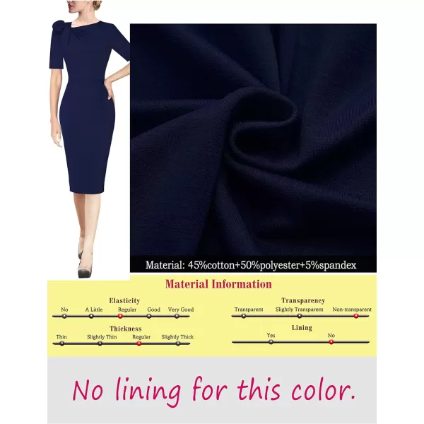 VFSHOW Womens Pleated Asymmetric Bow Neck Work Cocktail Party Sheath DressNavy Blueshort Sleeve