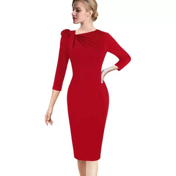 VFSHOW Womens Pleated Asymmetric Bow Neck Work Cocktail Party Sheath DressRed 34 Sleeve