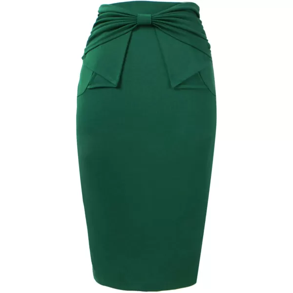 VFSHOW Womens Pleated Bow High Waist Slim Work Office Business Pencil SkirtGreen