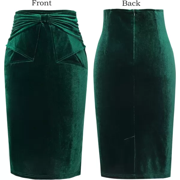 VFSHOW Womens Pleated Bow High Waist Slim Work Office Business Pencil SkirtGreen Velvet