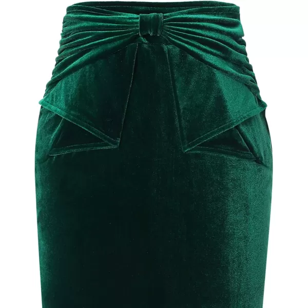 VFSHOW Womens Pleated Bow High Waist Slim Work Office Business Pencil SkirtGreen Velvet