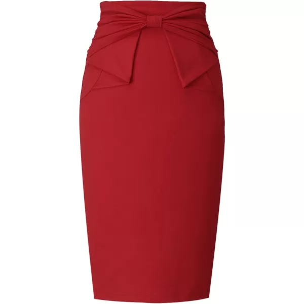 VFSHOW Womens Pleated Bow High Waist Slim Work Office Business Pencil SkirtRed