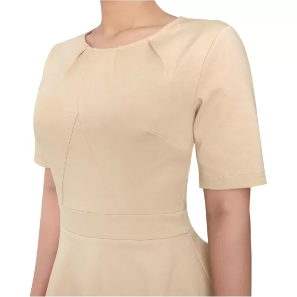 VFSHOW Womens Pleated Crew Neck Asymmetrical Big Peplum Work Business Office Bodycon Pencil Sheath DressApricot