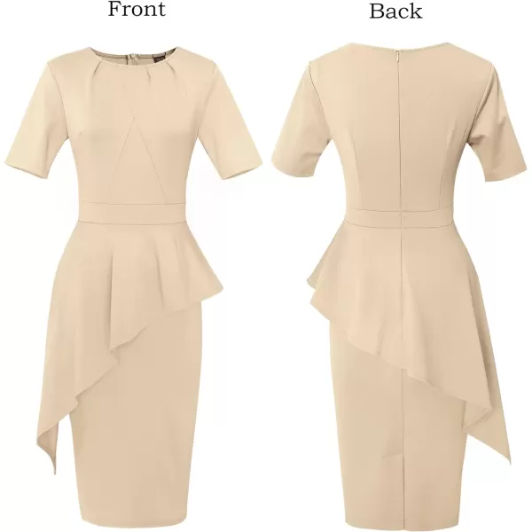 VFSHOW Womens Pleated Crew Neck Asymmetrical Big Peplum Work Business Office Bodycon Pencil Sheath DressApricot