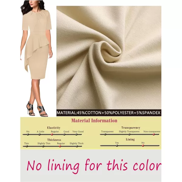 VFSHOW Womens Pleated Crew Neck Asymmetrical Big Peplum Work Business Office Bodycon Pencil Sheath DressApricot