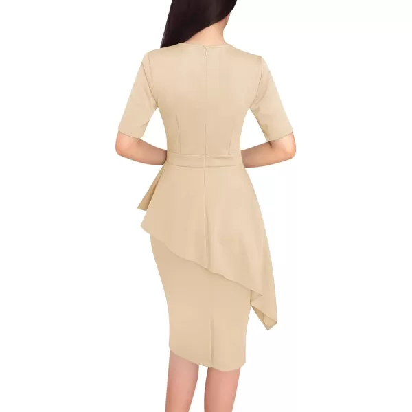 VFSHOW Womens Pleated Crew Neck Asymmetrical Big Peplum Work Business Office Bodycon Pencil Sheath DressApricot