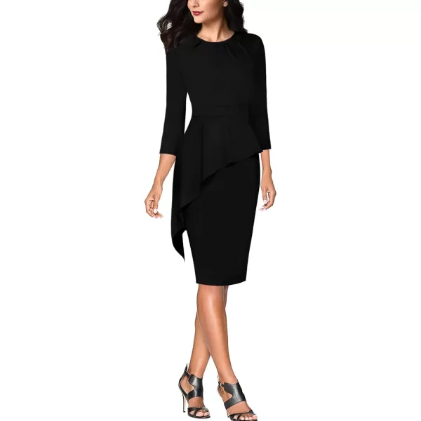 VFSHOW Womens Pleated Crew Neck Asymmetrical Big Peplum Work Business Office Bodycon Pencil Sheath DressBlack Asymmetrical Peplum2