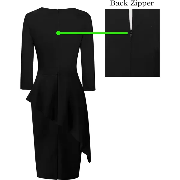 VFSHOW Womens Pleated Crew Neck Asymmetrical Big Peplum Work Business Office Bodycon Pencil Sheath DressBlack Asymmetrical Peplum2