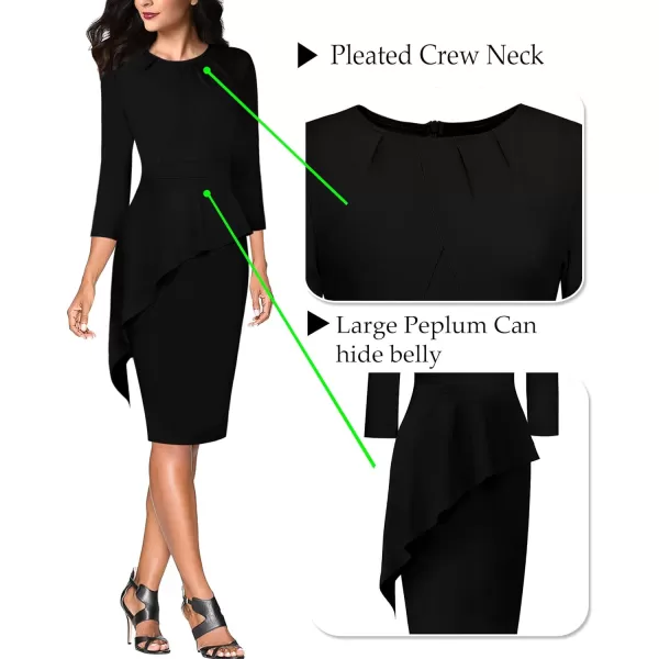 VFSHOW Womens Pleated Crew Neck Asymmetrical Big Peplum Work Business Office Bodycon Pencil Sheath DressBlack Asymmetrical Peplum2