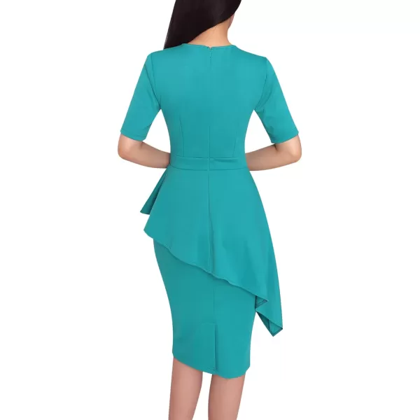 VFSHOW Womens Pleated Crew Neck Asymmetrical Big Peplum Work Business Office Bodycon Pencil Sheath DressLight Green