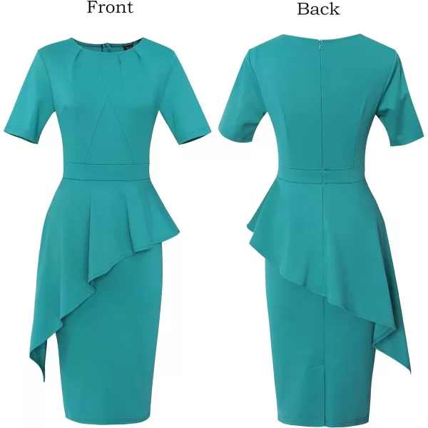 VFSHOW Womens Pleated Crew Neck Asymmetrical Big Peplum Work Business Office Bodycon Pencil Sheath DressLight Green