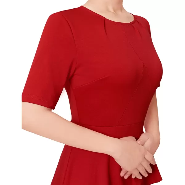 VFSHOW Womens Pleated Crew Neck Asymmetrical Big Peplum Work Business Office Bodycon Pencil Sheath DressRed