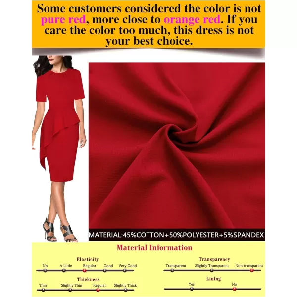 VFSHOW Womens Pleated Crew Neck Asymmetrical Big Peplum Work Business Office Bodycon Pencil Sheath DressRed