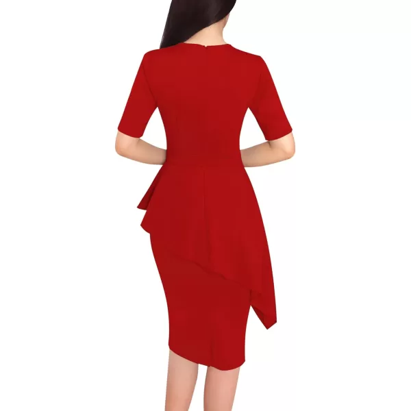 VFSHOW Womens Pleated Crew Neck Asymmetrical Big Peplum Work Business Office Bodycon Pencil Sheath DressRed