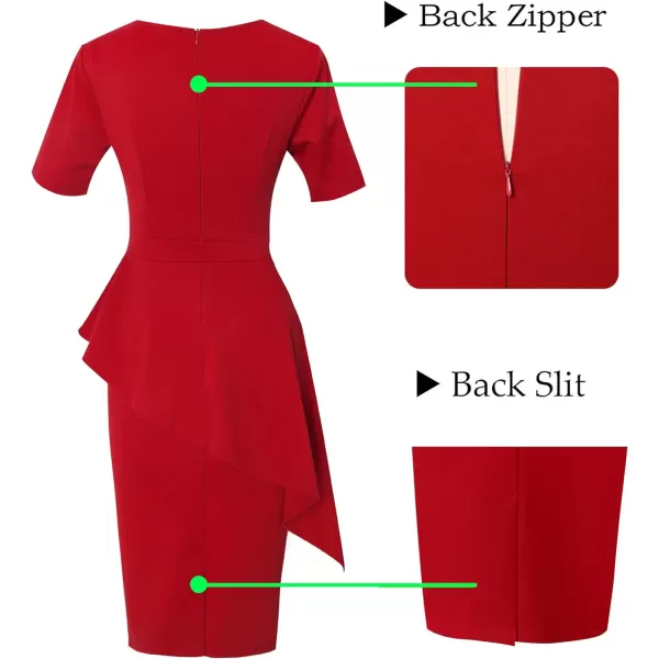 VFSHOW Womens Pleated Crew Neck Asymmetrical Big Peplum Work Business Office Bodycon Pencil Sheath DressRed