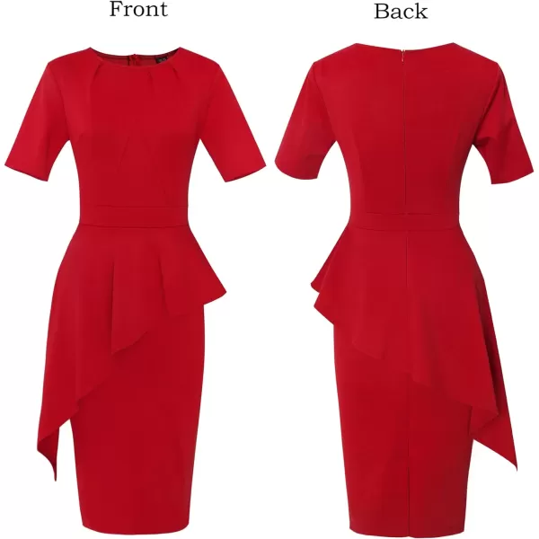 VFSHOW Womens Pleated Crew Neck Asymmetrical Big Peplum Work Business Office Bodycon Pencil Sheath DressRed