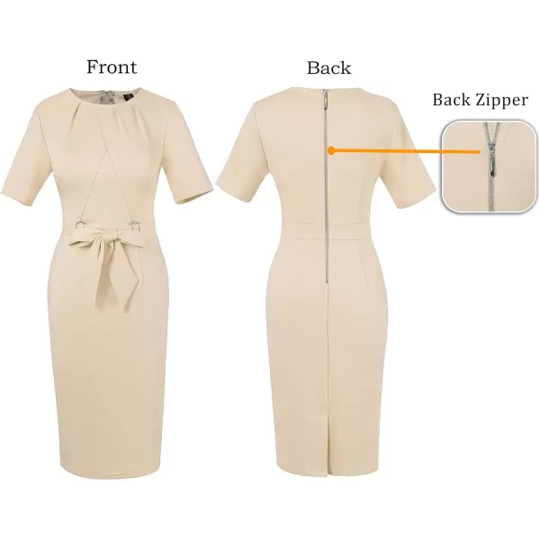 VFSHOW Womens Pleated Crew Neck Belted Work Business Office Bodycon Dress Tie Waist 2023 Slim Fit Church Pencil DressBeige