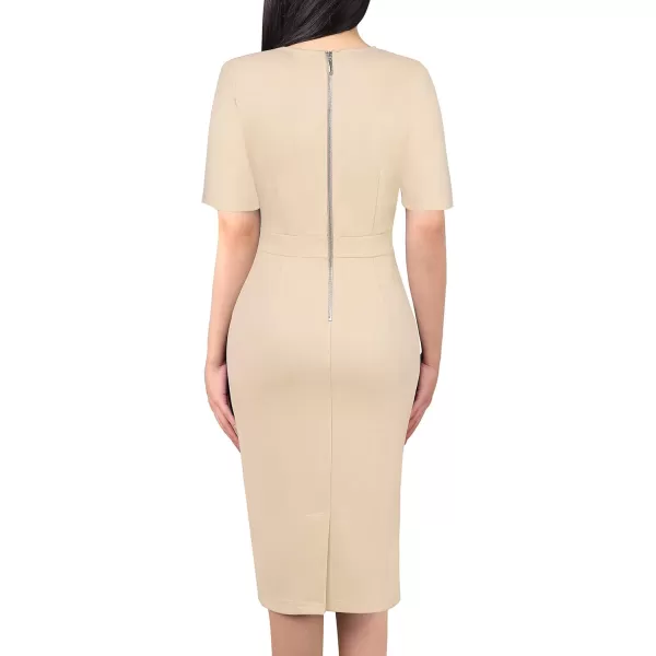 VFSHOW Womens Pleated Crew Neck Belted Work Business Office Bodycon Dress Tie Waist 2023 Slim Fit Church Pencil DressBeige