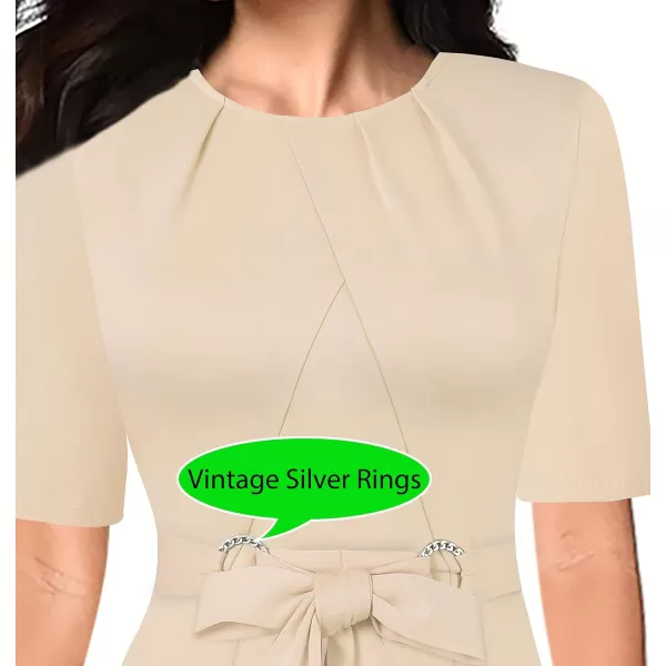 VFSHOW Womens Pleated Crew Neck Belted Work Business Office Bodycon Dress Tie Waist 2023 Slim Fit Church Pencil DressBeige