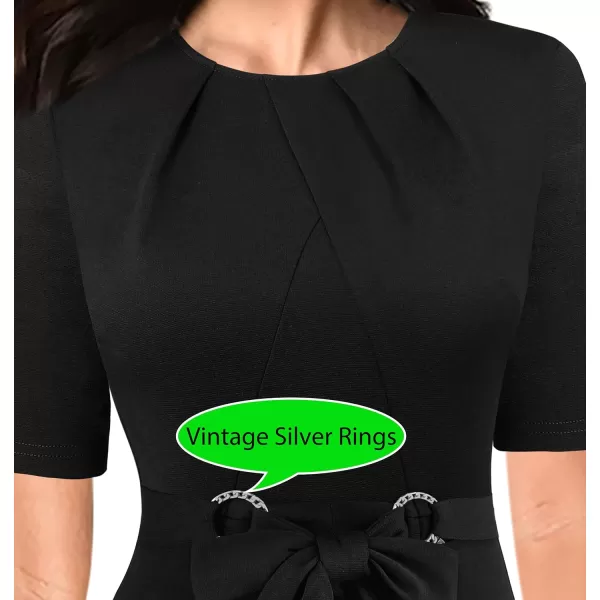 VFSHOW Womens Pleated Crew Neck Belted Work Business Office Bodycon Dress Tie Waist 2023 Slim Fit Church Pencil DressBlackshort Sleeves