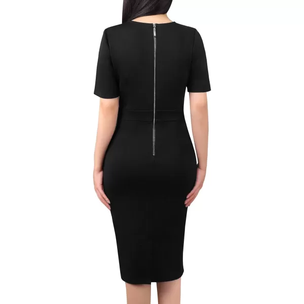 VFSHOW Womens Pleated Crew Neck Belted Work Business Office Bodycon Dress Tie Waist 2023 Slim Fit Church Pencil DressBlackshort Sleeves