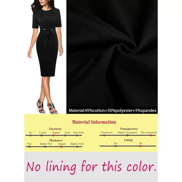 VFSHOW Womens Pleated Crew Neck Belted Work Business Office Bodycon Dress Tie Waist 2023 Slim Fit Church Pencil DressBlackshort Sleeves