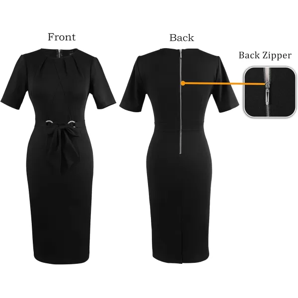 VFSHOW Womens Pleated Crew Neck Belted Work Business Office Bodycon Dress Tie Waist 2023 Slim Fit Church Pencil DressBlackshort Sleeves