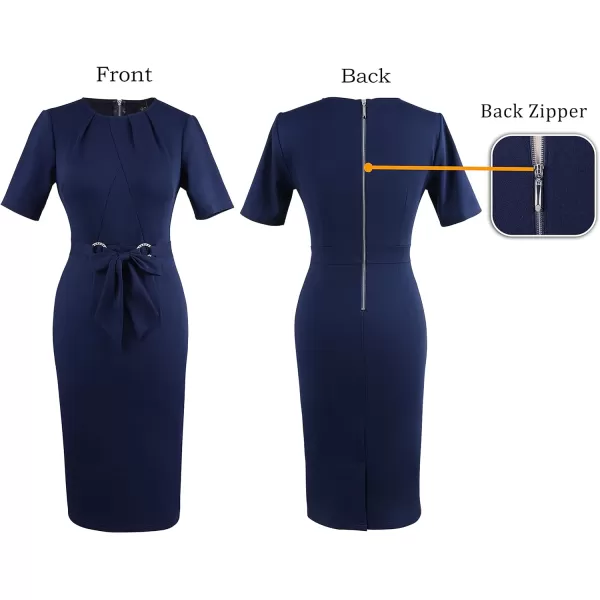 VFSHOW Womens Pleated Crew Neck Belted Work Business Office Bodycon Dress Tie Waist 2023 Slim Fit Church Pencil DressNavy Blueshort Sleeves