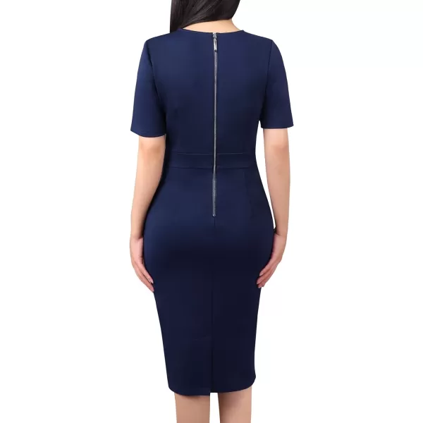 VFSHOW Womens Pleated Crew Neck Belted Work Business Office Bodycon Dress Tie Waist 2023 Slim Fit Church Pencil DressNavy Blueshort Sleeves