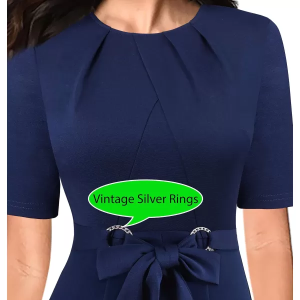 VFSHOW Womens Pleated Crew Neck Belted Work Business Office Bodycon Dress Tie Waist 2023 Slim Fit Church Pencil DressNavy Blueshort Sleeves