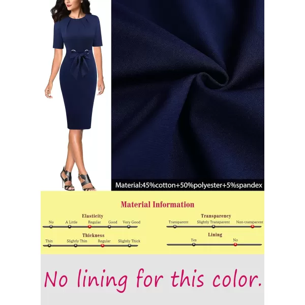 VFSHOW Womens Pleated Crew Neck Belted Work Business Office Bodycon Dress Tie Waist 2023 Slim Fit Church Pencil DressNavy Blueshort Sleeves