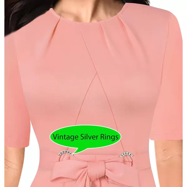 VFSHOW Womens Pleated Crew Neck Belted Work Business Office Bodycon Dress Tie Waist 2023 Slim Fit Church Pencil DressSalmon Pink