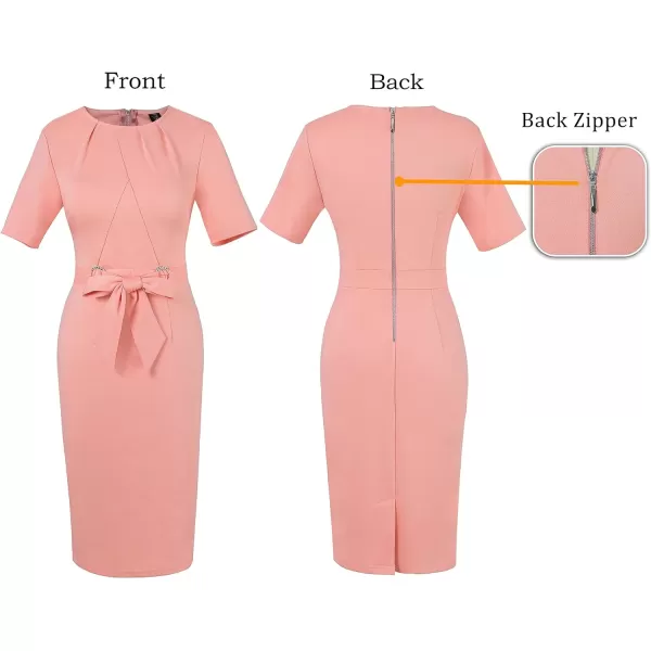 VFSHOW Womens Pleated Crew Neck Belted Work Business Office Bodycon Dress Tie Waist 2023 Slim Fit Church Pencil DressSalmon Pink