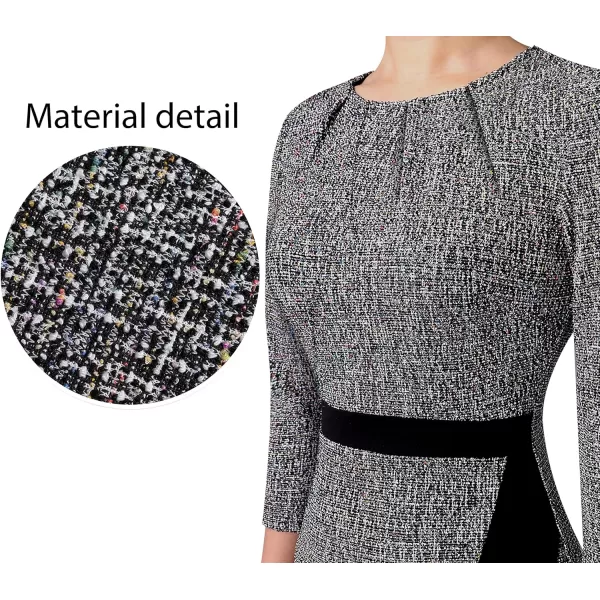 VFSHOW Womens Pleated Crew Neck Patchwork Work Business Office Bodycon Pencil DressBlack Tweed