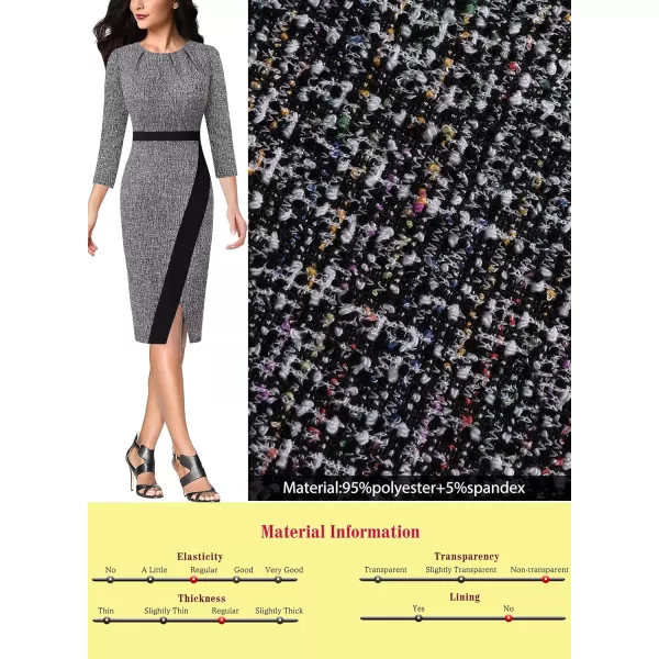 VFSHOW Womens Pleated Crew Neck Patchwork Work Business Office Bodycon Pencil DressBlack Tweed