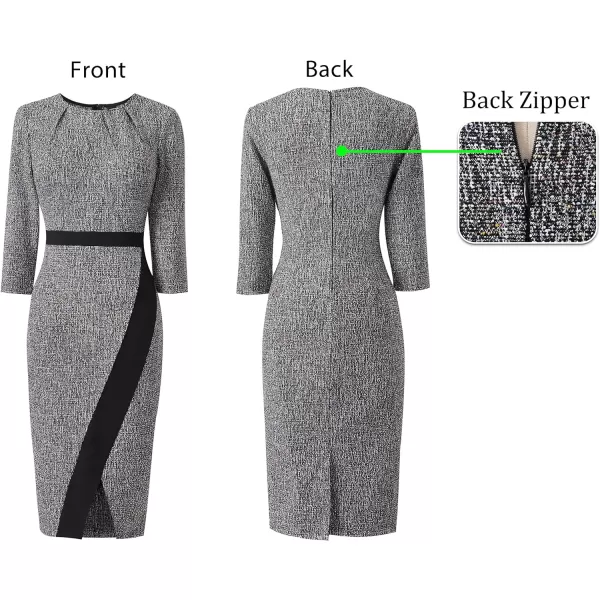 VFSHOW Womens Pleated Crew Neck Patchwork Work Business Office Bodycon Pencil DressBlack Tweed