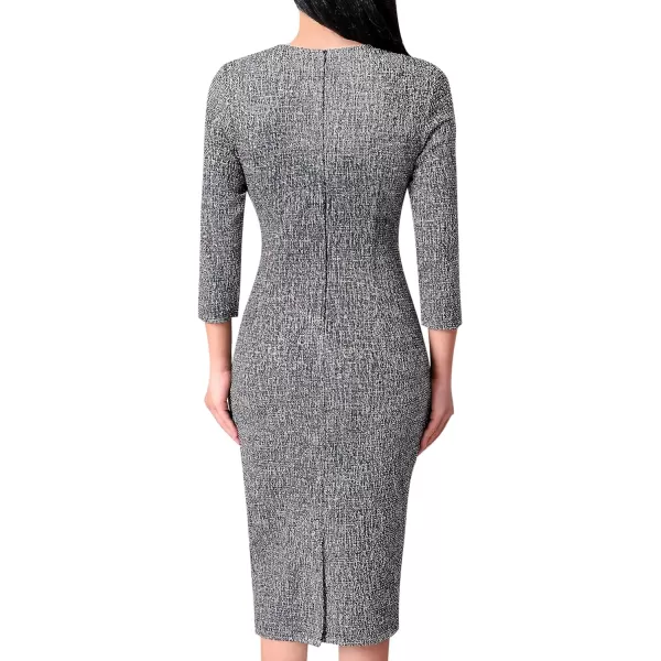 VFSHOW Womens Pleated Crew Neck Patchwork Work Business Office Bodycon Pencil DressBlack Tweed