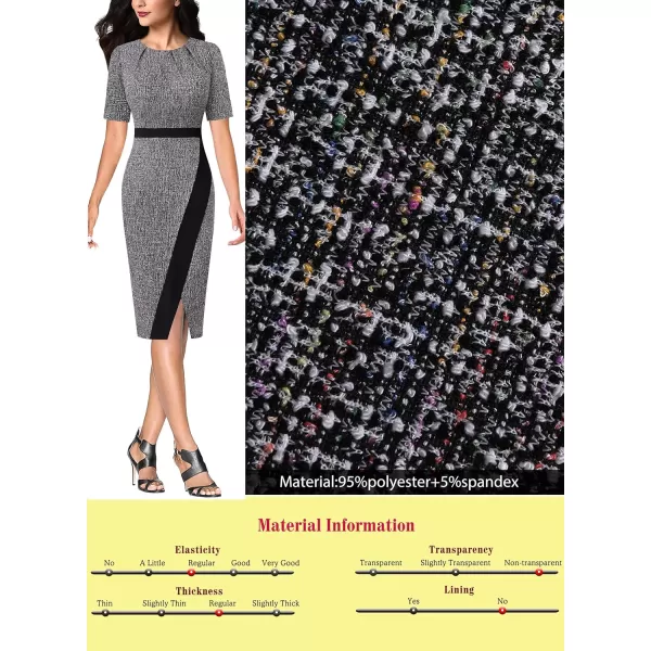 VFSHOW Womens Pleated Crew Neck Patchwork Work Business Office Bodycon Pencil DressBlack Tweed2