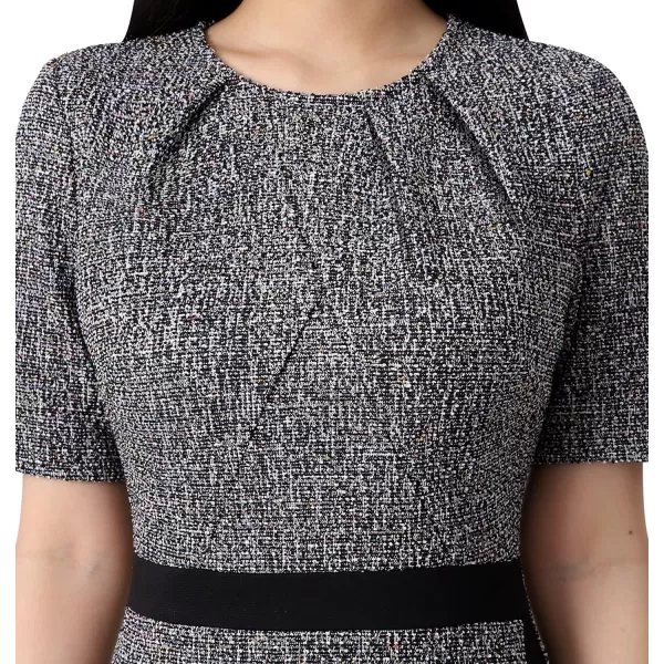 VFSHOW Womens Pleated Crew Neck Patchwork Work Business Office Bodycon Pencil DressBlack Tweed2