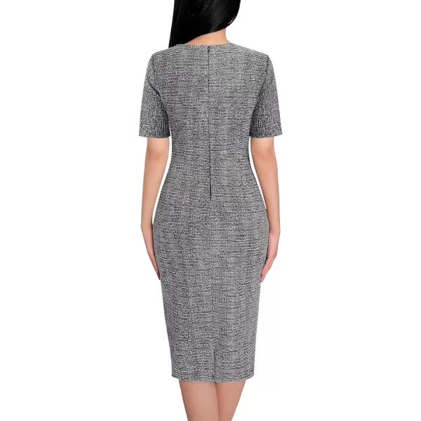 VFSHOW Womens Pleated Crew Neck Patchwork Work Business Office Bodycon Pencil DressBlack Tweed2