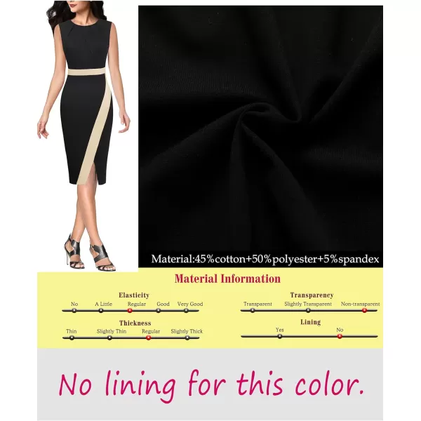 VFSHOW Womens Pleated Crew Neck Patchwork Work Business Office Bodycon Pencil DressBlack and Beige2