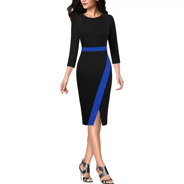 VFSHOW Womens Pleated Crew Neck Patchwork Work Business Office Bodycon Pencil DressBlack and Blue