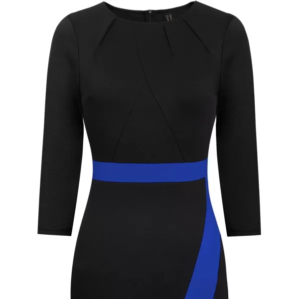 VFSHOW Womens Pleated Crew Neck Patchwork Work Business Office Bodycon Pencil DressBlack and Blue