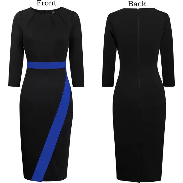 VFSHOW Womens Pleated Crew Neck Patchwork Work Business Office Bodycon Pencil DressBlack and Blue