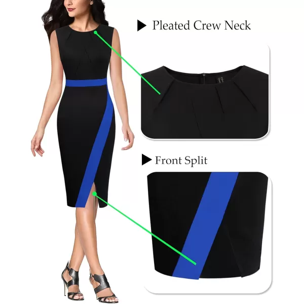 VFSHOW Womens Pleated Crew Neck Patchwork Work Business Office Bodycon Pencil DressBlack and Blue2