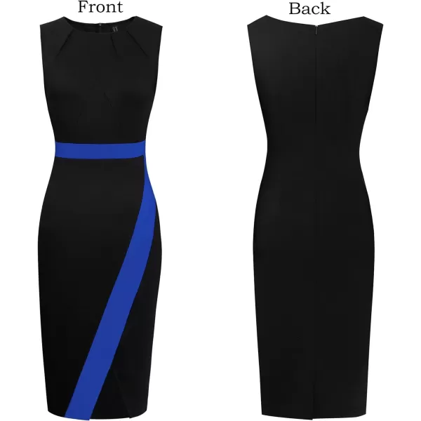 VFSHOW Womens Pleated Crew Neck Patchwork Work Business Office Bodycon Pencil DressBlack and Blue2