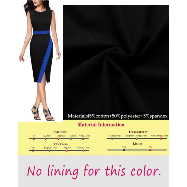 VFSHOW Womens Pleated Crew Neck Patchwork Work Business Office Bodycon Pencil DressBlack and Blue2