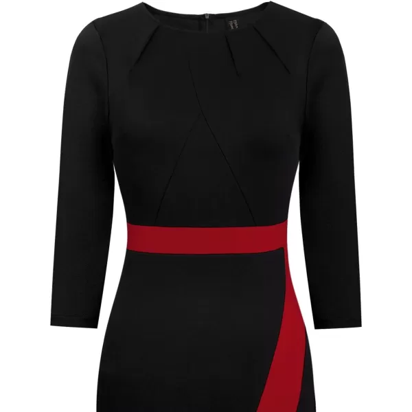 VFSHOW Womens Pleated Crew Neck Patchwork Work Business Office Bodycon Pencil DressBlack and Red